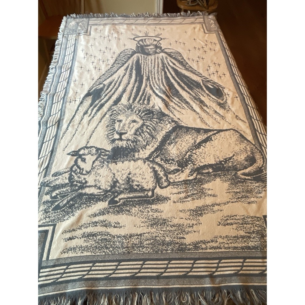 Vintage Angel Guardian Woven Throw Blanket Reversible Tapestry  Blue White 72x36